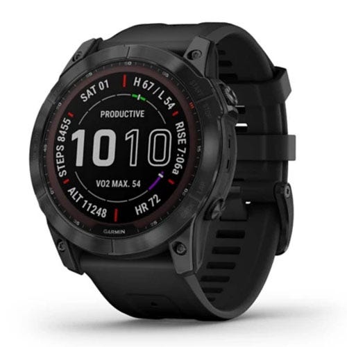A black Garmin smartwatch with a round face displays various metrics such as time, steps, heart rate, and VO2 max.