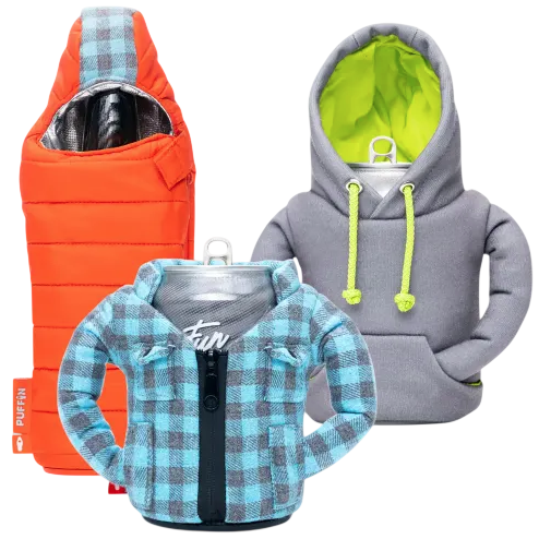 These are novelty beverage coolers shaped like jackets and hoodies, designed to keep cans cold. They mimic various clothing styles, such as an orange puffer jacket, a grey hoodie, and a blue plaid zip-up jacket.