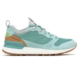 Merrell hiking sneaker in mint green with suede and mesh upper, brown accents, and white sole.