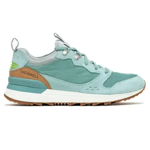 Merrell hiking sneaker in mint green with suede and mesh upper, brown accents, and white sole.