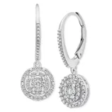 Silver-tone leverback earrings with circular pendants featuring a central diamond surrounded by two rows of smaller diamonds, creating a sparkling, intricate design.