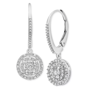 Silver-tone leverback earrings with circular pendants featuring a central diamond surrounded by two rows of smaller diamonds, creating a sparkling, intricate design.