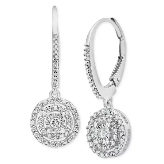 Silver-tone leverback earrings with circular pendants featuring a central diamond surrounded by two rows of smaller diamonds, creating a sparkling, intricate design.