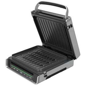 An open electric grill with non-stick ridged plates, a digital control panel showing temperature and time settings, and a sturdy handle.