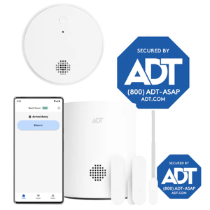 ADT security system with motion detector, mobile app interface, sensors, and signs displaying \“SECURED BY ADT.\“