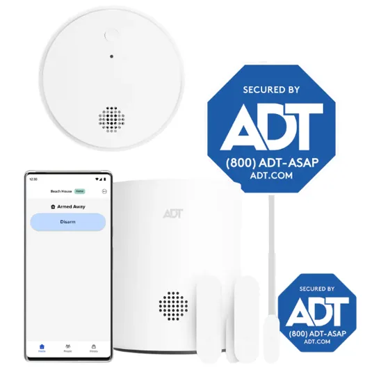 ADT security system with motion detector, mobile app interface, sensors, and signs displaying \“SECURED BY ADT.\“