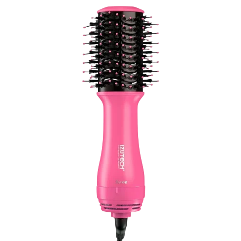 A pink hair styling brush with a built-in heating element and bristles, designed for drying and styling hair.