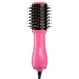 A pink hair styling brush with a built-in heating element and bristles, designed for drying and styling hair.