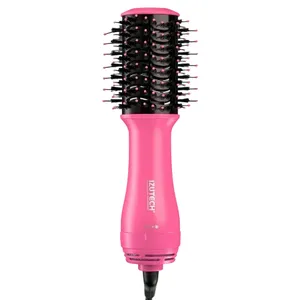 A pink hair styling brush with a built-in heating element and bristles, designed for drying and styling hair.