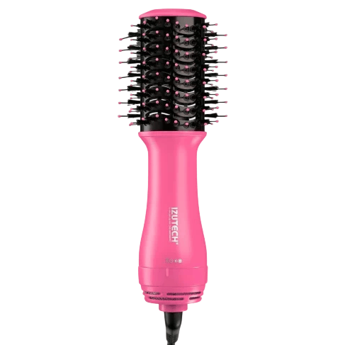 A pink hair styling brush with a built-in heating element and bristles, designed for drying and styling hair.