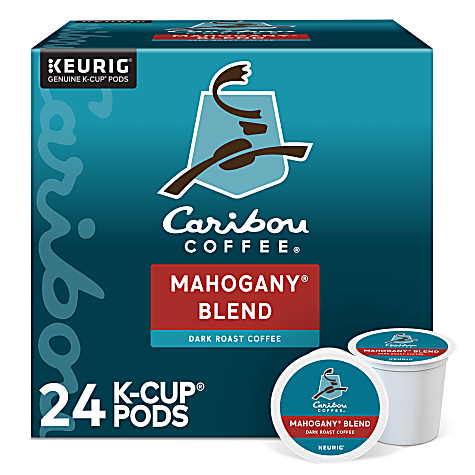 Caribou Coffee Mahogany Blend, dark roast, Keurig K-Cup Pods, 24-count box.