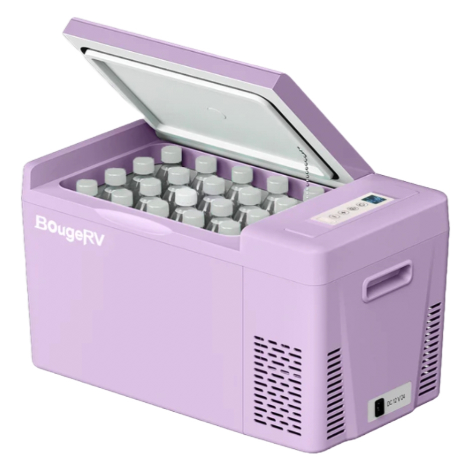 The BougeRV 23qt Portable Fridge is a compact, lavender-colored cooler with a digital control panel. It features an open lid showcasing multiple stored bottles, has side handles for portability, and operates on DC power.