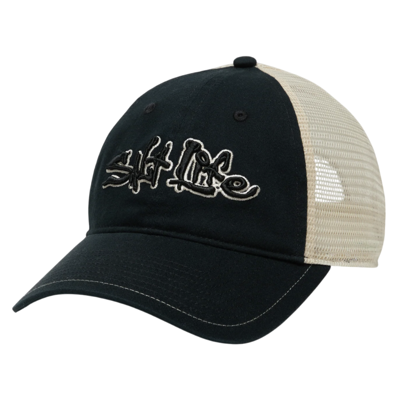 A black and beige trucker cap with mesh back and \“Salt Life\“ embroidered on the front in a graffiti style font.