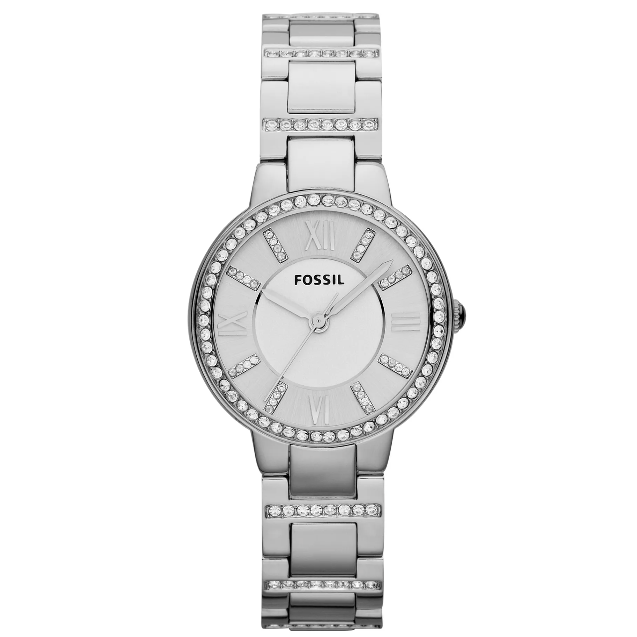 Fossil women's watch with a silver-tone bracelet, embellished with crystal accents on the bezel and links, featuring a round dial with Roman numeral markers and three-hand movement.
