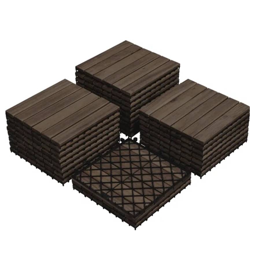 Interlocking wood-look floor tiles with a grid-like base, stacked in four piles.