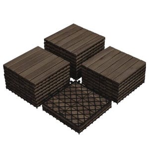 Interlocking wood-look floor tiles with a grid-like base, stacked in four piles.