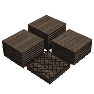 Interlocking wood-look floor tiles with a grid-like base, stacked in four piles.
