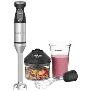 Cuisinart Immersion Blender set includes a stainless steel hand blender, chopper attachment with a container of mixed fruits, whisk attachment, and a measuring cup with pink smoothie.