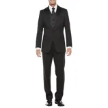 A man is wearing a black three-piece suit consisting of a jacket, vest, and trousers, paired with a white dress shirt and black tie. He completes the outfit with black dress shoes.