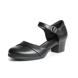 Black leather Mary Jane style shoe with a buckle strap and chunky heel.