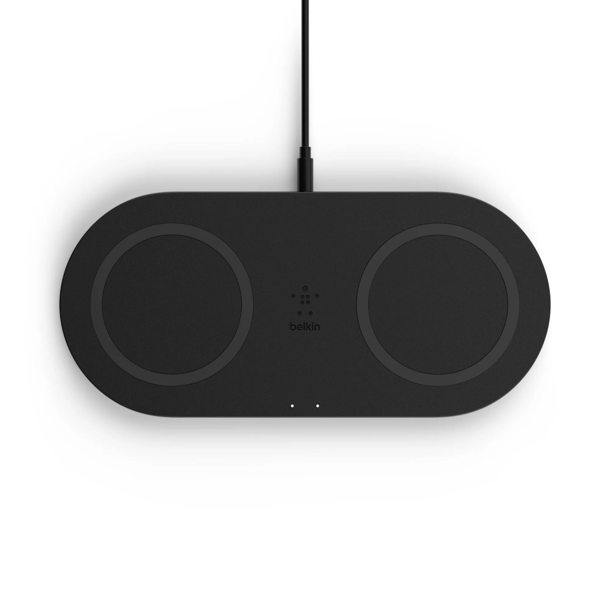 Refurbished Belkin Wireless Charging Pad, black, with dual charging spots, compatible with Qi-enabled devices, and featuring LED indicators.