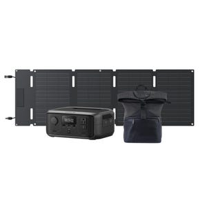 EcoFlow power station with a solar panel and a backpack, showcasing a portable energy solution. The solar panel is foldable and the power station includes multiple outlets for versatile charging needs.