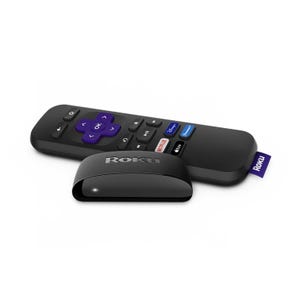 Roku Express streaming device with remote featuring shortcut buttons, including one for Apple TV+.