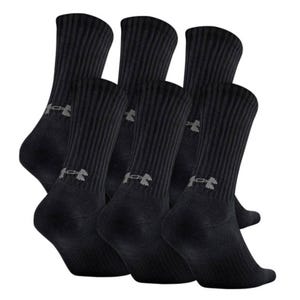 Six pairs of black Under Armour crew socks with ribbed detailing and the brand's logo on the ankle area.