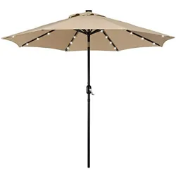 A beige patio umbrella with integrated LED lights on its ribs, featuring a black pole and crank mechanism for easy operation.