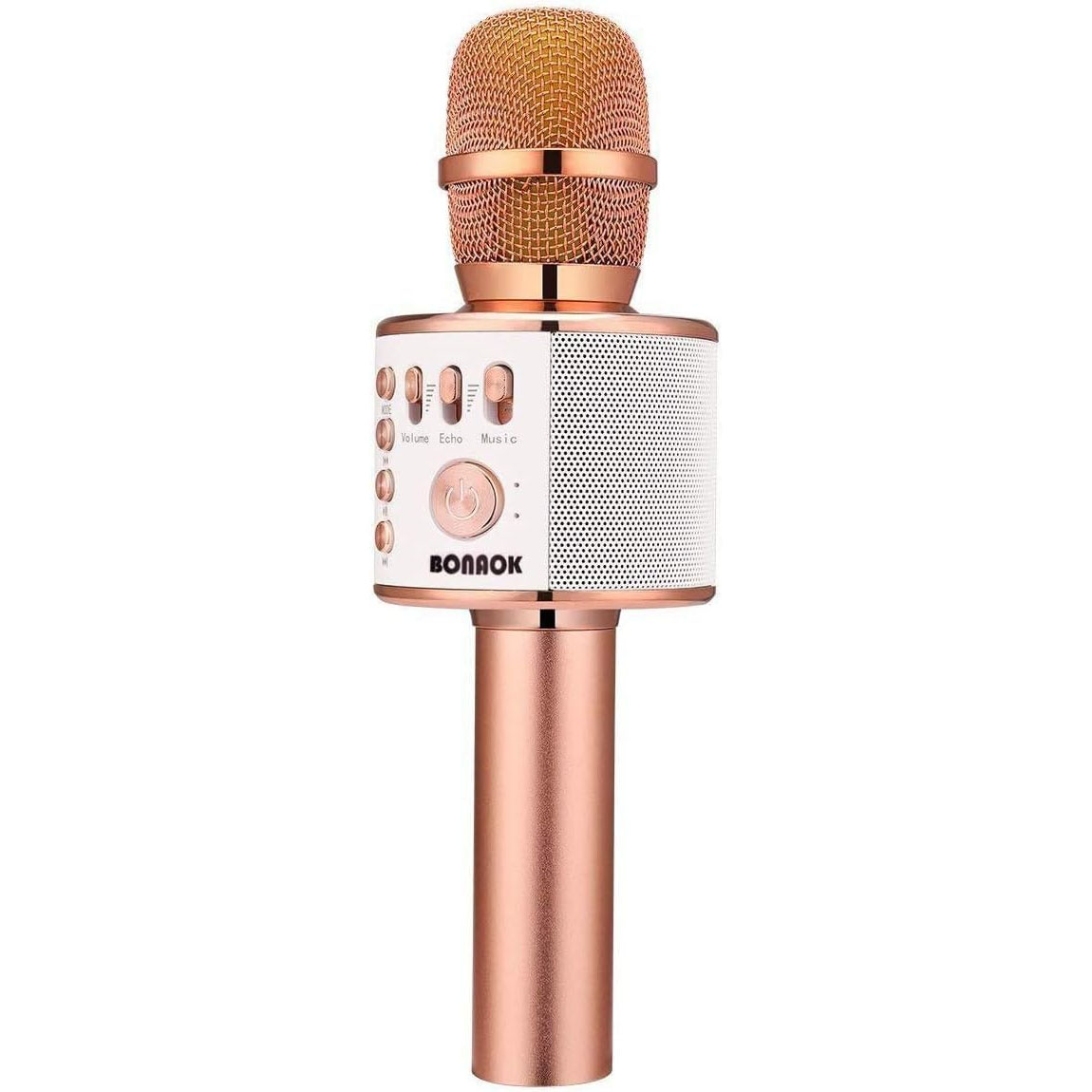Rose gold wireless karaoke microphone with built-in speaker, featuring volume controls, echo effects, music control buttons, and a power switch. Ideal for singing along to music via Bluetooth.