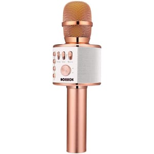 Rose gold wireless karaoke microphone with built-in speaker, featuring volume controls, echo effects, music control buttons, and a power switch. Ideal for singing along to music via Bluetooth.