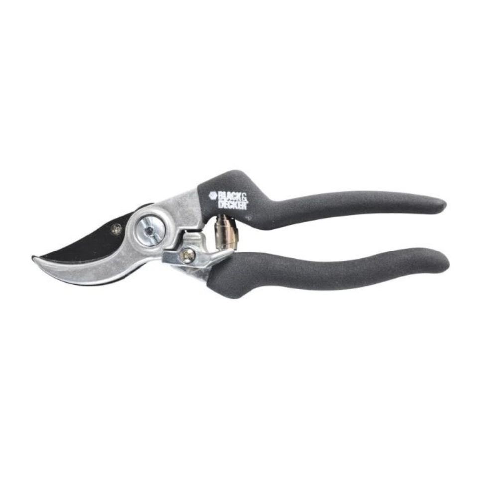 Black & Decker Garden Pruner with curved blades and ergonomic black handles, designed for cutting branches and stems efficiently.
