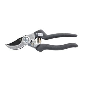 Black & Decker Garden Pruner with curved blades and ergonomic black handles, designed for cutting branches and stems efficiently.