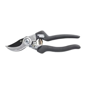 Black & Decker Garden Pruner with curved blades and ergonomic black handles, designed for cutting branches and stems efficiently.