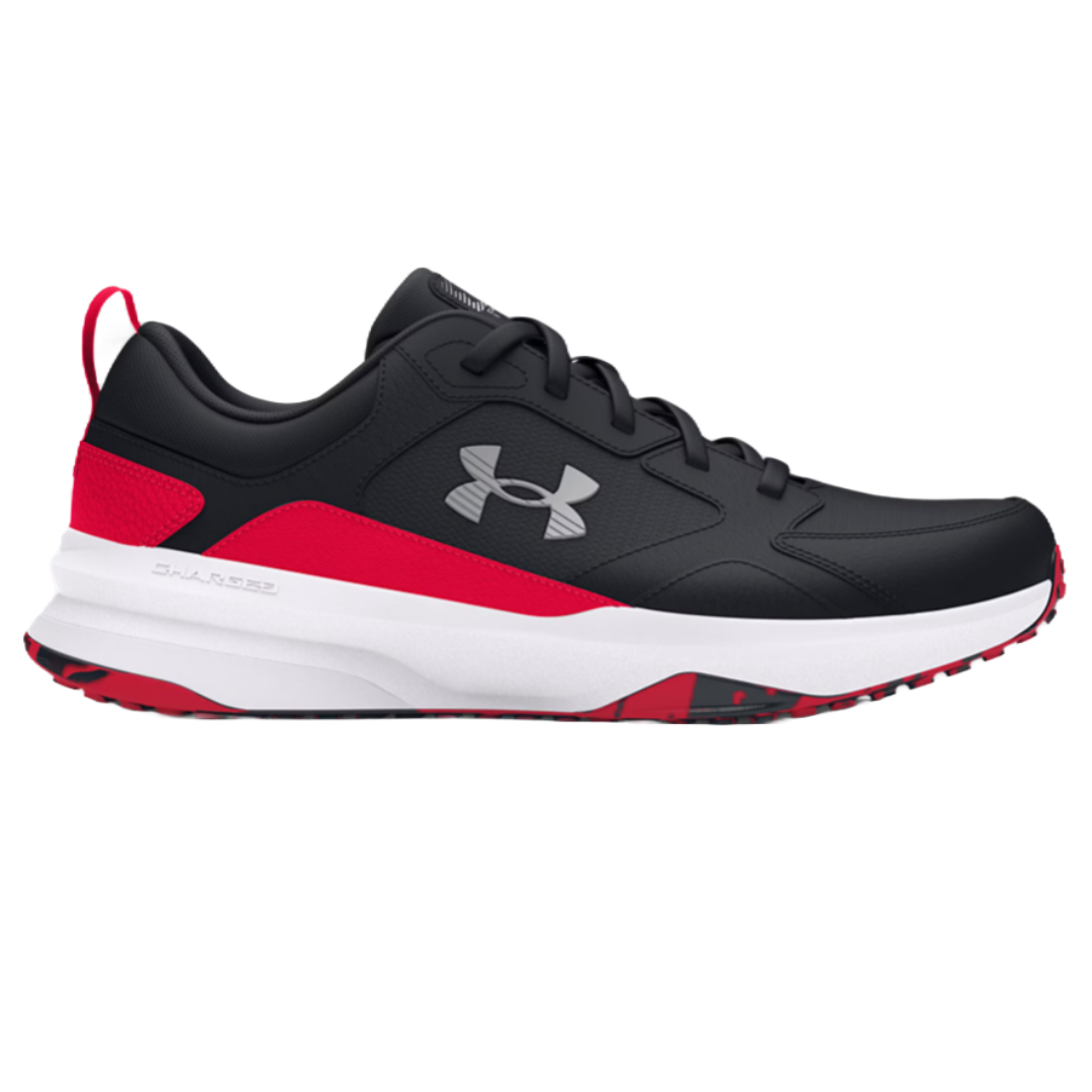 Under Armour athletic shoe in black with red accents, featuring a white midsole and outsole, and a prominent logo on the side.