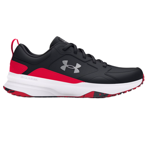Under Armour athletic shoe in black with red accents, featuring a white midsole and outsole, and a prominent logo on the side.