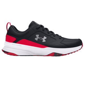 Under Armour athletic shoe in black with red accents, featuring a white midsole and outsole, and a prominent logo on the side.