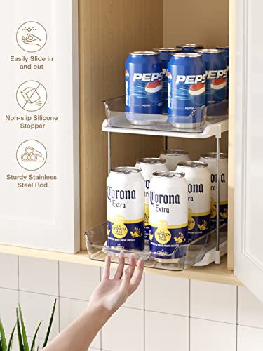 Two-tiered sliding cabinet organizers holding beverage cans, featuring non-slip silicone stoppers and sturdy stainless steel rods.