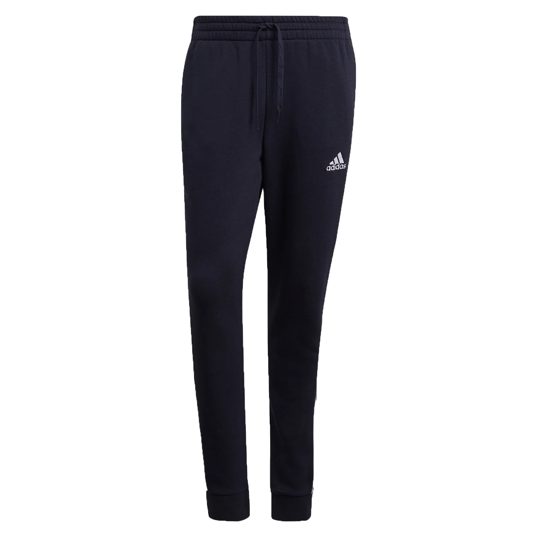 Black Adidas men's tapered pants with a drawstring waist, ribbed cuffs, and a small white Adidas logo on the upper left thigh.