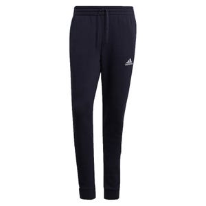 Black Adidas men's tapered pants with a drawstring waist, ribbed cuffs, and a small white Adidas logo on the upper left thigh.