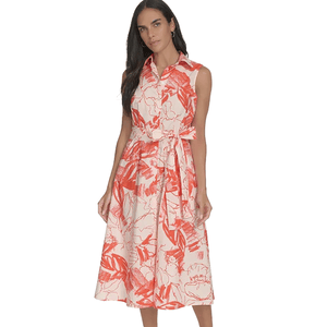 Sleeveless collared dress with a red and beige floral pattern, featuring a waist tie and a flared mid-length skirt.