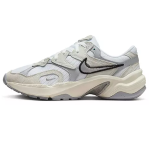 Nike Women's AL8 Shoes in beige and white feature a layered design with a sleek black swoosh, chunky midsole, and textured suede accents for a modern, comfortable look.