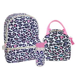 A backpack, lunch bag, and water bottle set featuring a colorful leopard print design with pink accents.
