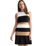 Sleeveless dress with horizontal stripes in black, white, and tan.