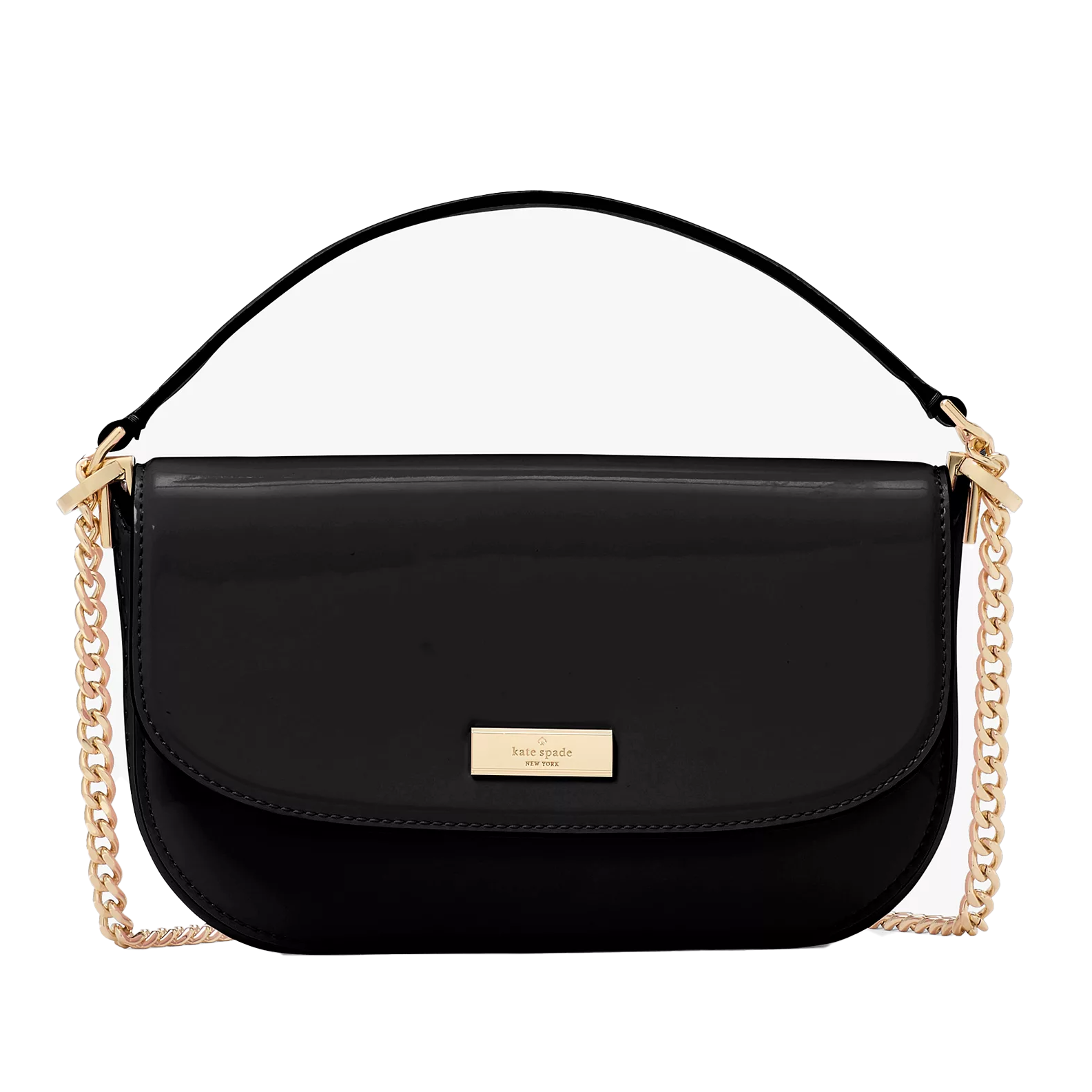 Kate Spade Krista Chain Crossbody is a sleek black purse featuring a gold chain strap and a metal logo plate on the front. It combines patent leather with a structured, compact design for elegant versatility.
