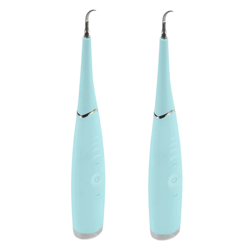Two identical light blue electric dental cleaning devices with slender, pointed tips and power buttons on the front.