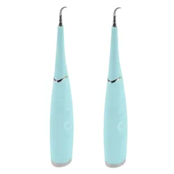 Two identical light blue electric dental cleaning devices with slender, pointed tips and power buttons on the front.