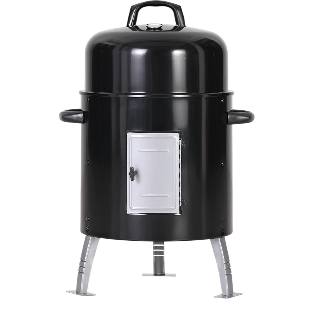 Black vertical smoker grill with a lid, two side handles, a front access door, and three metal legs.