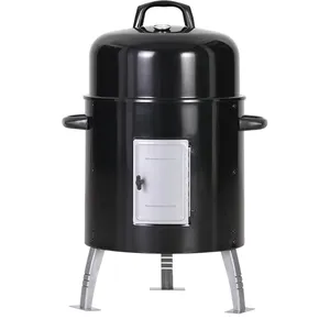Black vertical smoker grill with a lid, two side handles, a front access door, and three metal legs.