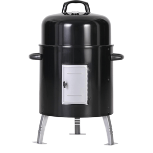 Black vertical smoker grill with a lid, two side handles, a front access door, and three metal legs.